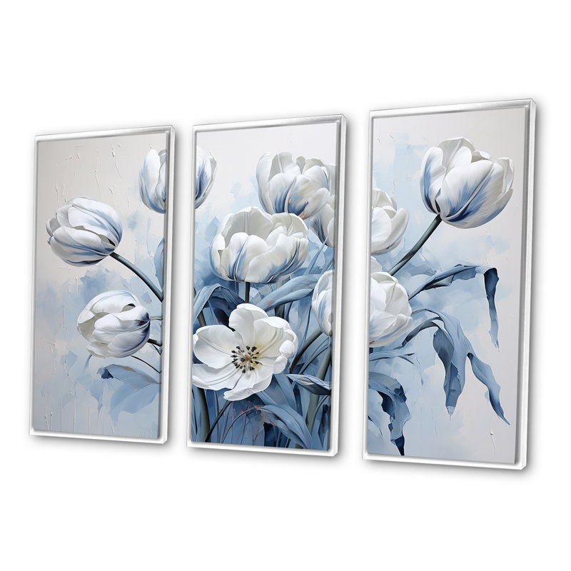 Minimalisme, tulipes bleues et blanches Brushstrokes - ensemble d'art sur toile, Cadre flottant blanc