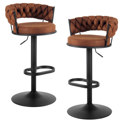 Modern Woven Light Brown Suede Fabric Tufted Back Swivel Bar Stools With Adjustable Height Black Metal Base And Footrest Stylish Stools For Kitchen Counter Breakfast Bar Or Home Bar, Set Of 2