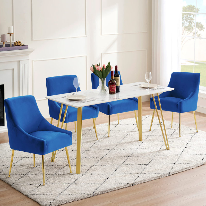 Modern Dining Chair, Velvet Upholstered Dining Chair with Gold Legs, Blue