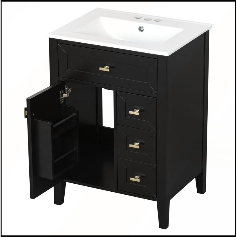 Meuble-lavabo noir 24 po avec lavabo, panneau de fibres à densité moyenne et bois d'hévéa, 3 tiroirs et armoire, fermeture en douceur, conception moderne pour les petites et moyennes salles de bain