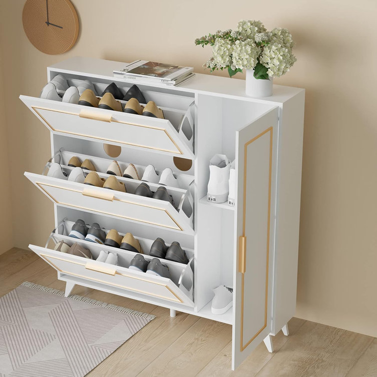 Nordic Gray Shoe Cabinet 3-Door Slim Shoe Organizer Adjustable