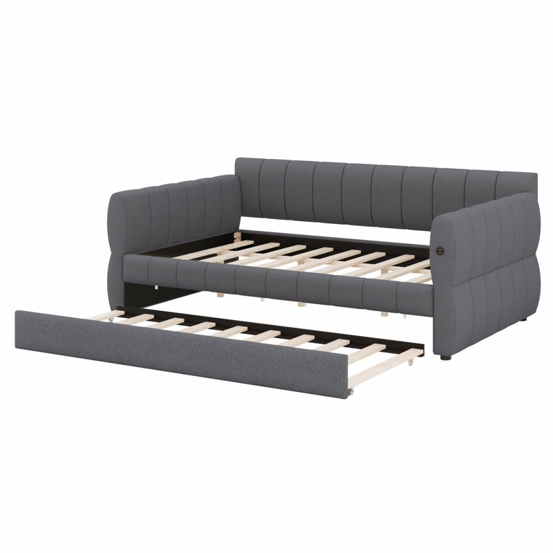Multifunctional Upholstered Platform Bed Frame Featuring USB Ports And Convenient Trundle, Gray