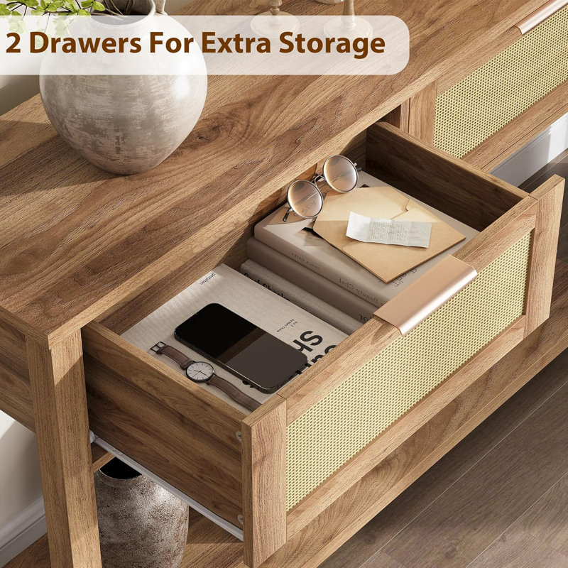 Zayer Rattan Entryway Table, 43" Console Table with Drawers, 2 Tier Sofa Table with Storage, Wooden Console Table for Entryway