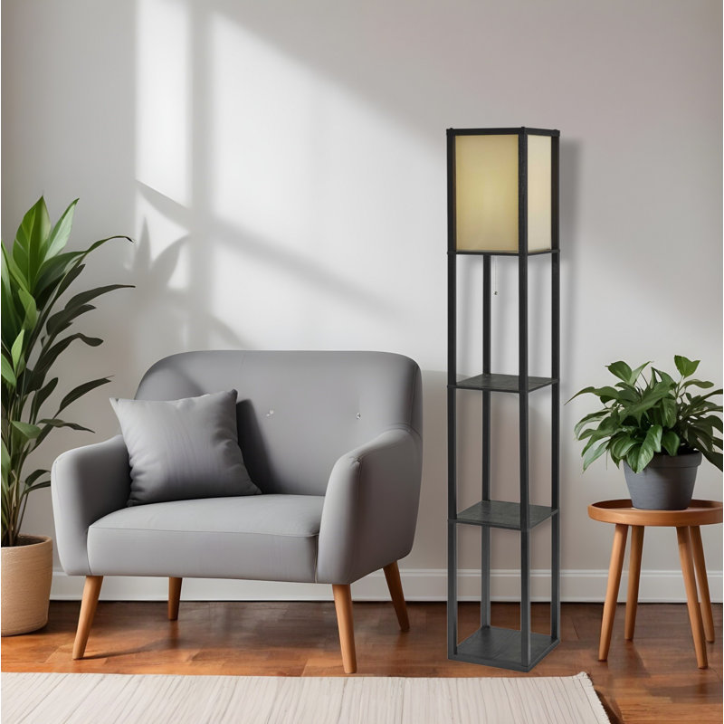 Lampe sur pied colonne 63 "brune avec abat-jour carré beige, Noir, Or