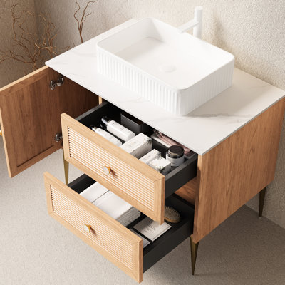36" Bathroom Vanity With Oak , Rectangular Ceramic Basin, Freestanding Plywood Storage, 4 Metal Legs, One Door, Two Drawers, Counter Top, Soft Close System, High - Quality White Construction, Finish,
