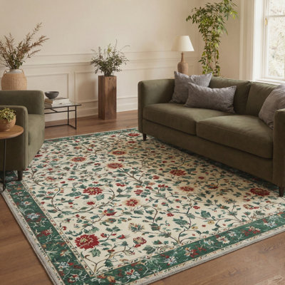 Almont William Morris Botanical Green Floral Area Rug, Garden Rug, Machine Washable, Inspired Faux Wool, Non-Slip Backing