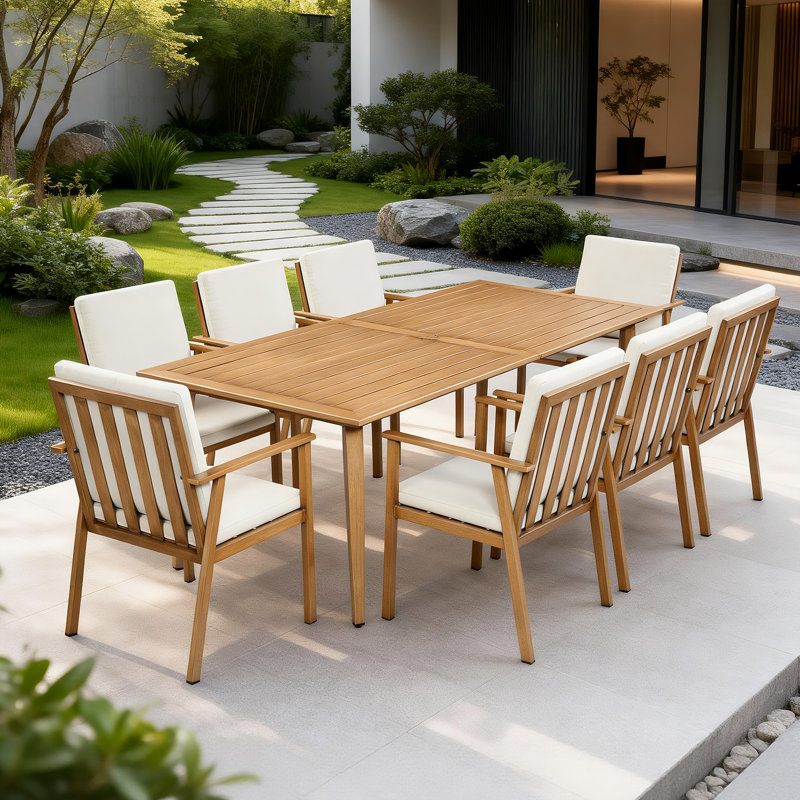 Table de jardin rectangulaire en aluminium et teck pour 8 personnes avec trou pour parasol, 28.76" H x 38.02" W x 84.71" D