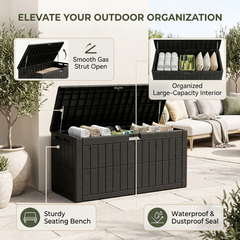 100 Gal Waterproof Outdoor Storage Box, Resin Deck Box Lockable, Patio Furniture Garden Tool, Black, 100 Gal Capacity