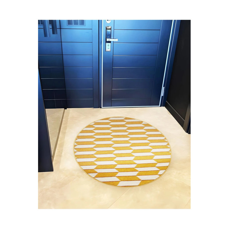 Yellow Geometric Patterned Round Woven Base Modern Decorative Carpet, Round 5'