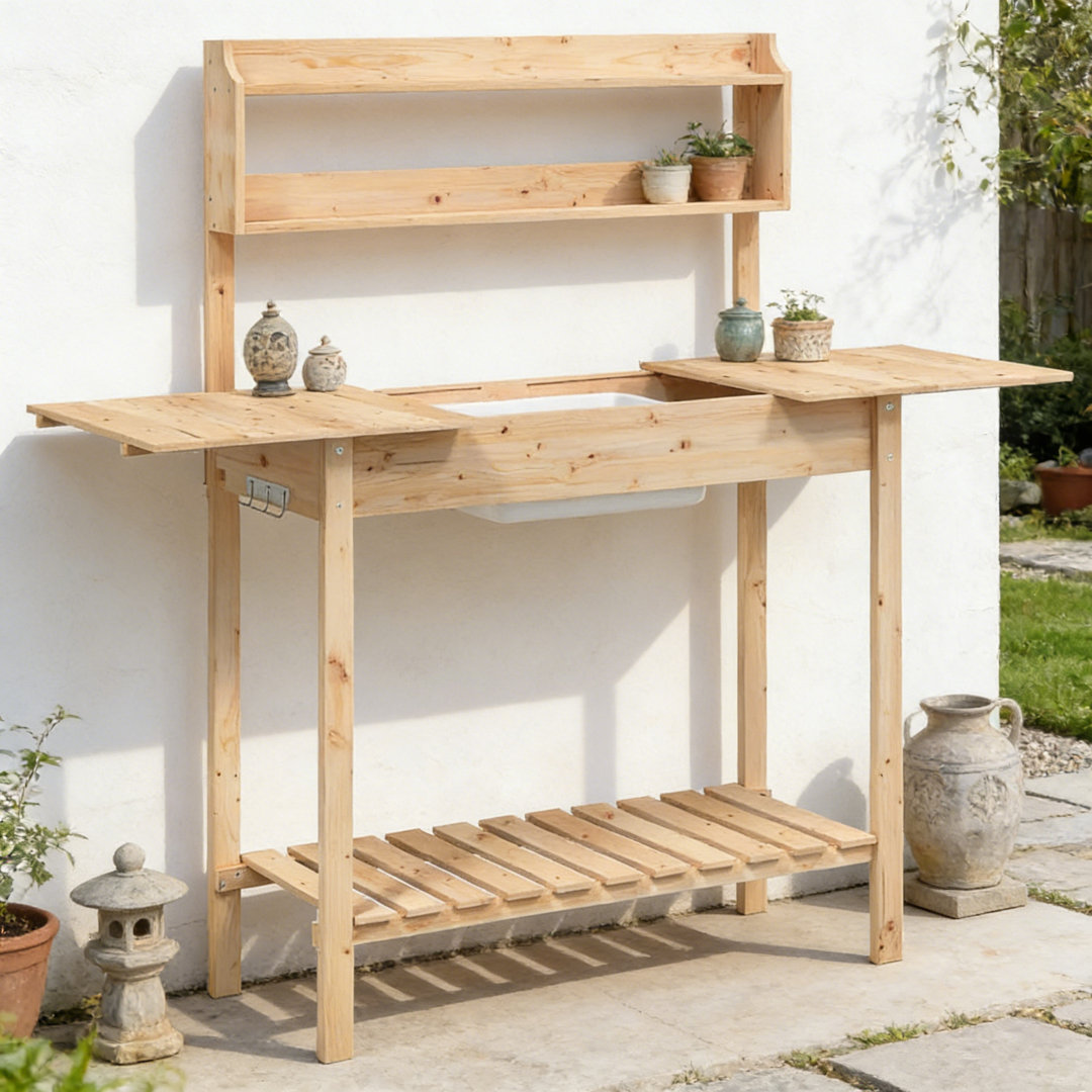Brown Solid Fir Wood Garden Potting Table With Expandable Top, Removable Sink