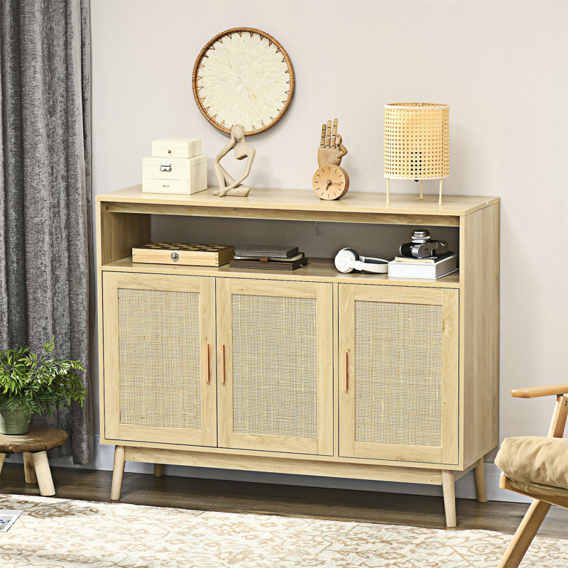Buffet avec portes en rotin et tablettes réglables