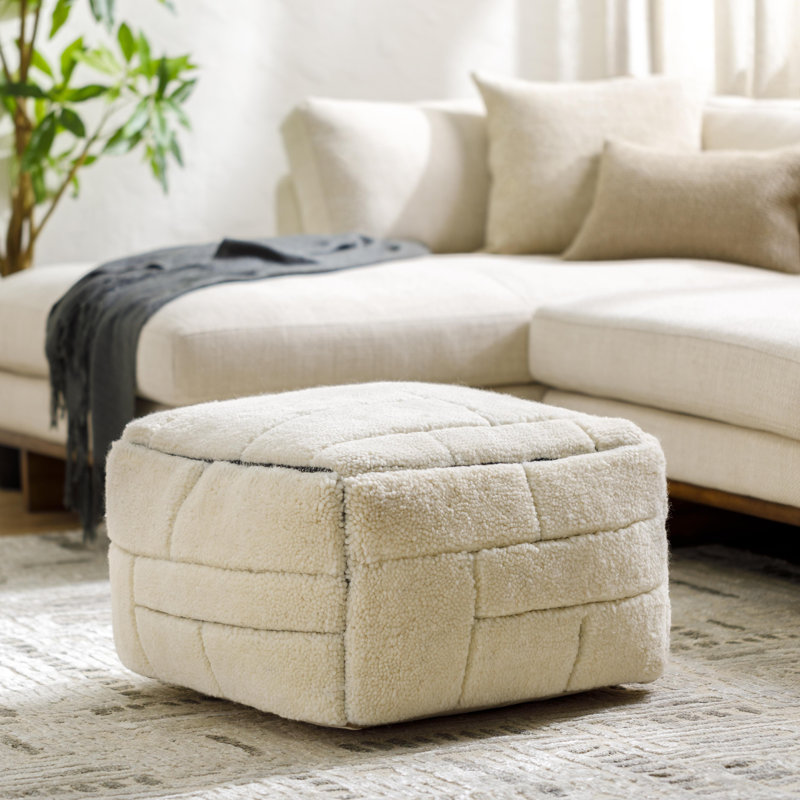 Tuberose Upholstered Pouf, Off White Wool/Polyester Blend