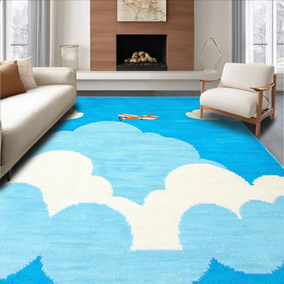 Ultra Soft Area Rug, Non Slip, Stain Resistant, Washable Area Rugs for Living Room, Bedroom, Whimsical Cloud Travel Design(Blue)
