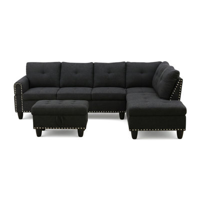 Sectional Couches For Living Room, Convertible 4 Seat Modular Sectional Sofa Set For Living Room, L Shaped Couch Or U Shaped Couch With Storage Ottoman For Apartment, Dark Grey