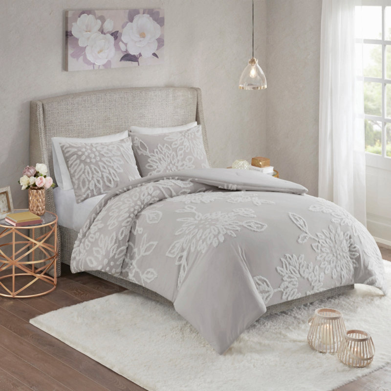 Ensemble de couette 3 pièces en chenille de coton à motif floral tufté, gris chaud/blanc, format King/Cal King