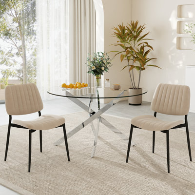 Ensemble de table de salle à manger ronde en verre, plateau de table en verre trempé transparent de 36 po avec chaises en lin