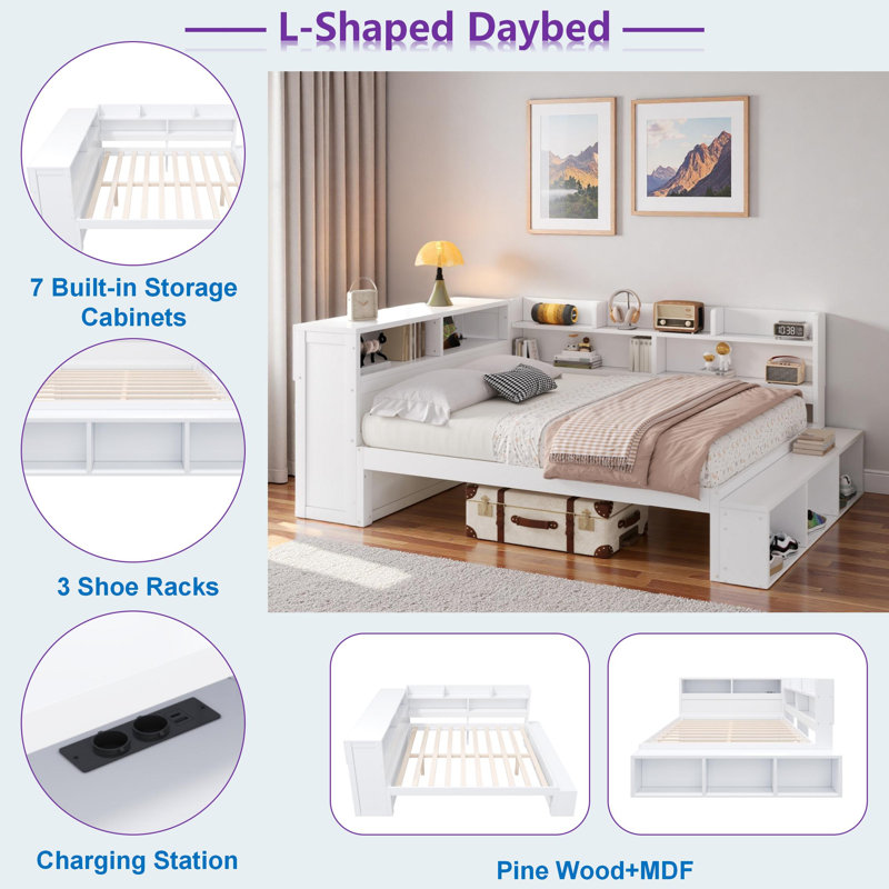 L-shaped Daybed With Storage Cabinets, Shoe Cabinet And Usb Ports, White