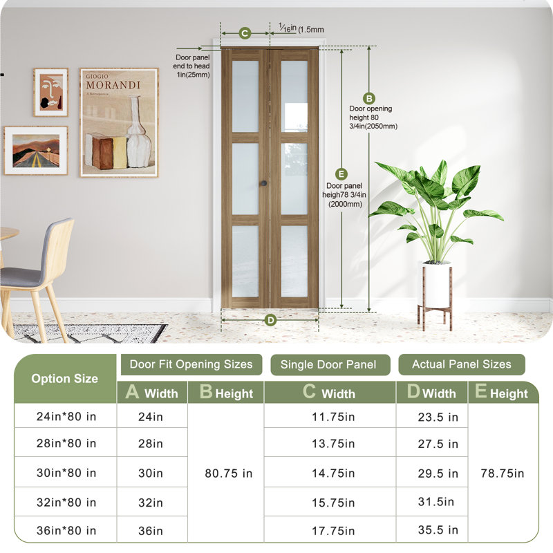 Porte pliante double en verre givré 36 po x 80 po à 3 portes en bois massif avec trousse de quincaillerie d'installation