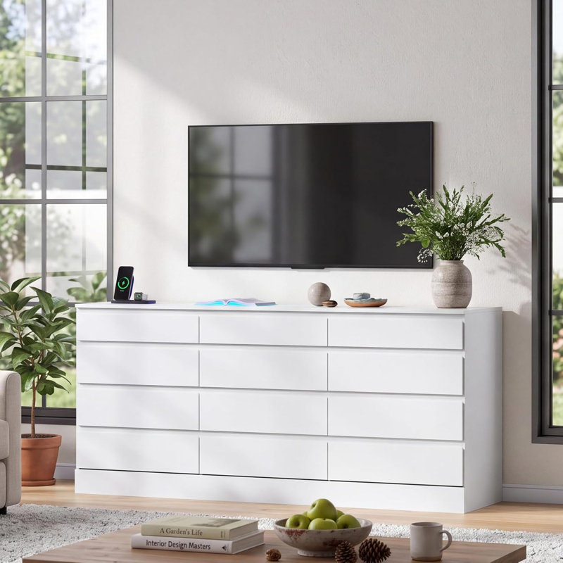 12 Drawer Dresser witu Glass Top, White