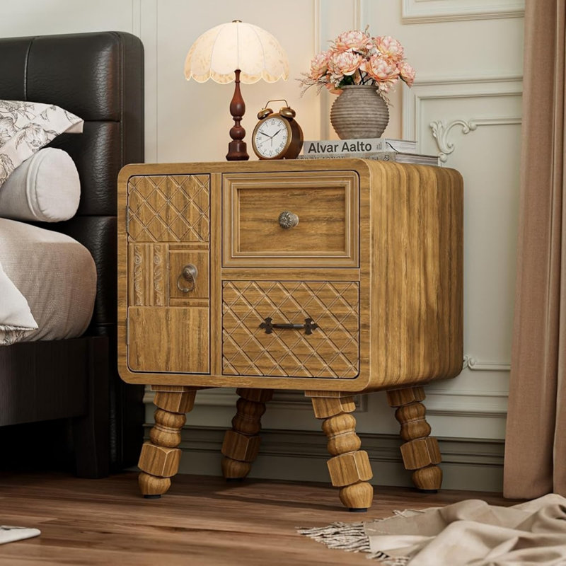 Table de chevet rétro en bois massif avec 2 tiroirs et armoire, table de bout antique pour chambre à coucher ou salon