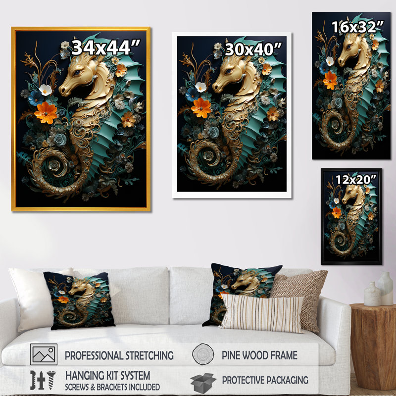 Or et bleu, hippocampe, sanctuaire - art mural animaux côtiers, Cadre flottant doré, H 44 po x l 34 po