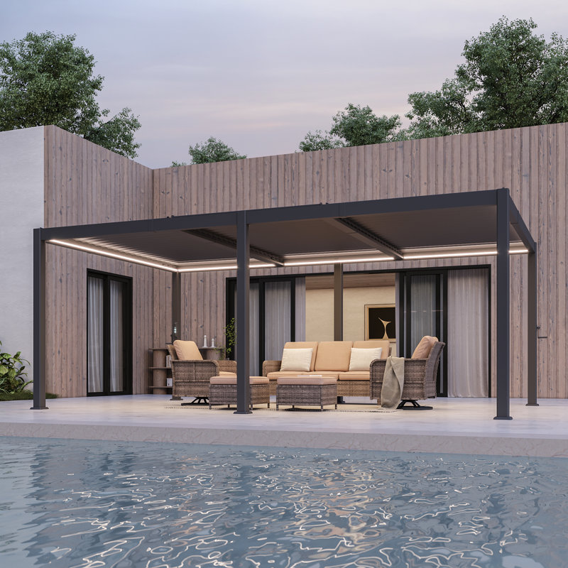 Pergola moderne en aluminium avec persiennes réglables, lumières DEL et charge solaire, 12 pi x 20 pi
