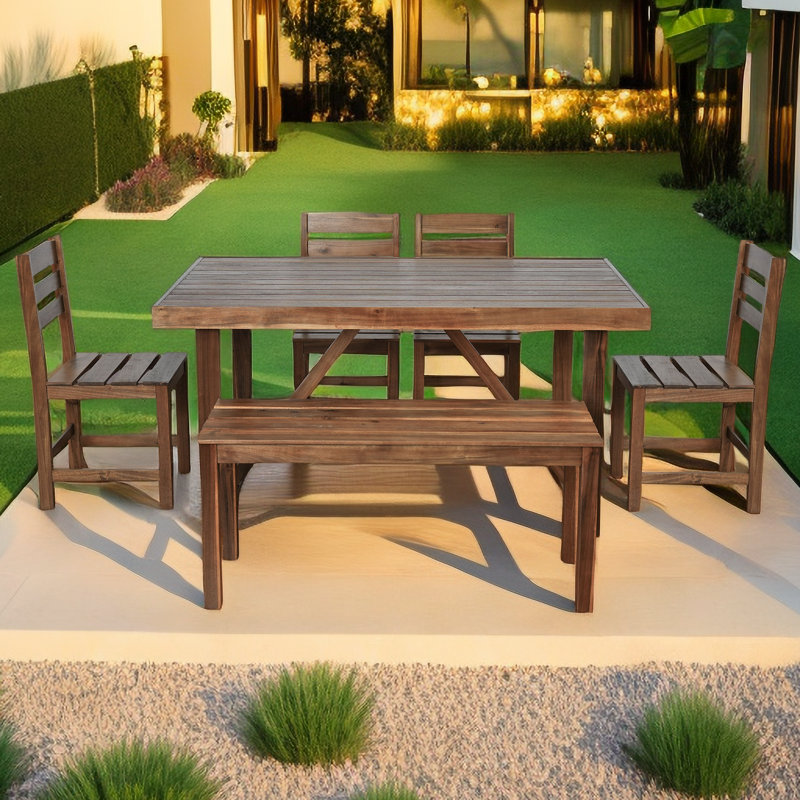 Nashia 6 - Person Acacia Wood Patio Dining Set with Rectangular Table, Bown
