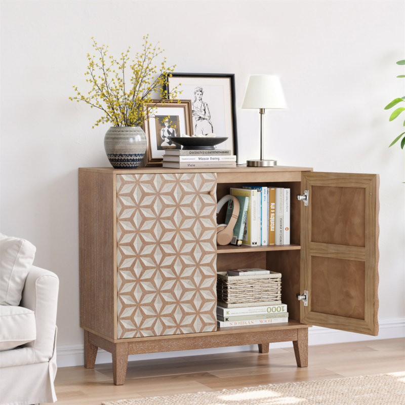 Un buffet de 31,5 pouces de conception géométrique, une armoire décorative avec 2 portes et des tablettes réglables, une armoire décorative en bois avec espace de rangement, idéale pour le salon, la cuisine et la salle à manger.