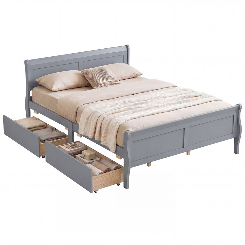 Structure de lit grand avec tiroirs de rangement, lit plateforme en bois avec tête de lit gris, Queen, Gray