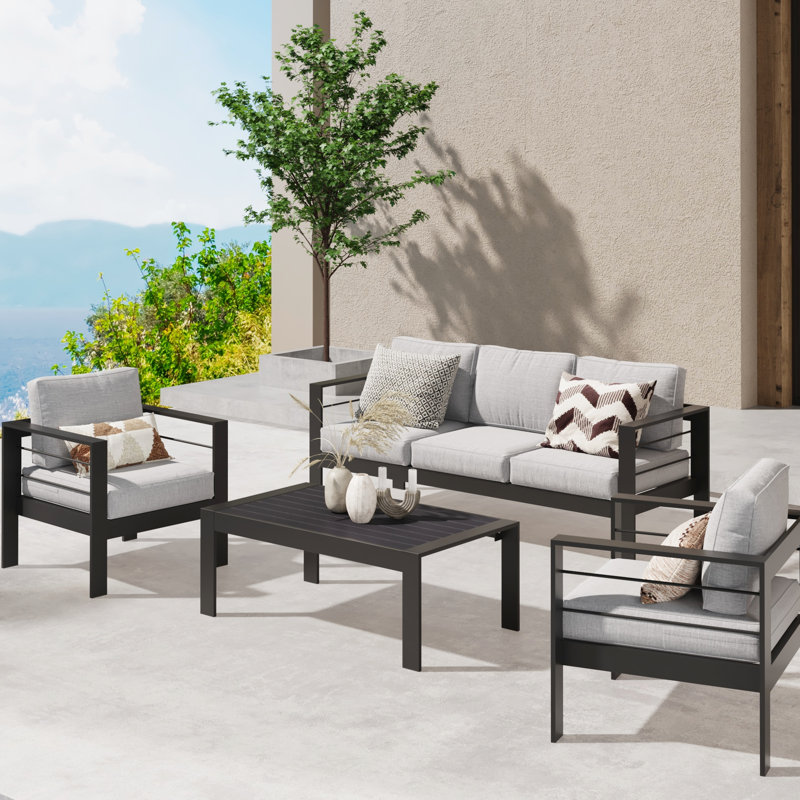 Canapé d'extérieur en aluminium 2 pièces - gris, coussins épais de 5 po, pour la terrasse, à la corrosion et à la décoloration, repos confortable dans un coussin moelleux, structure en métal, assise, housse en tissu résistant à l'eau et à la décoloration