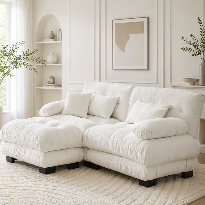 Canapé Cloud, canapé en chenille, Blanc + 2 sièges + 1 fauteuil