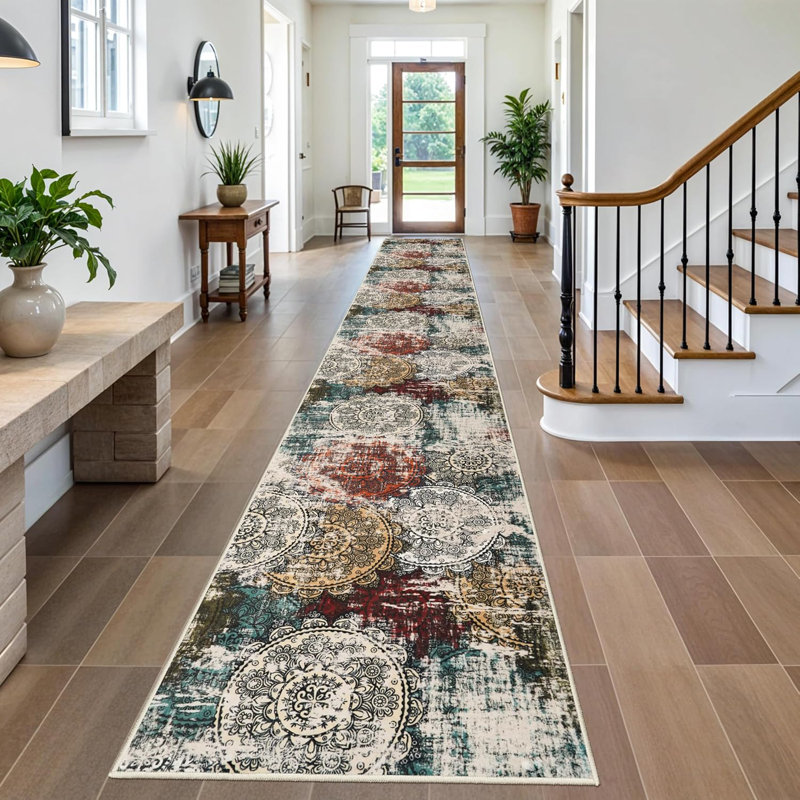 Rug Runner Washable - Hallway Runners Abstract Non-Slip Pet Friendly Low Pile Rug Soft Indoor Floor Mat Front Door for Bedroom Entryway Laundry Red