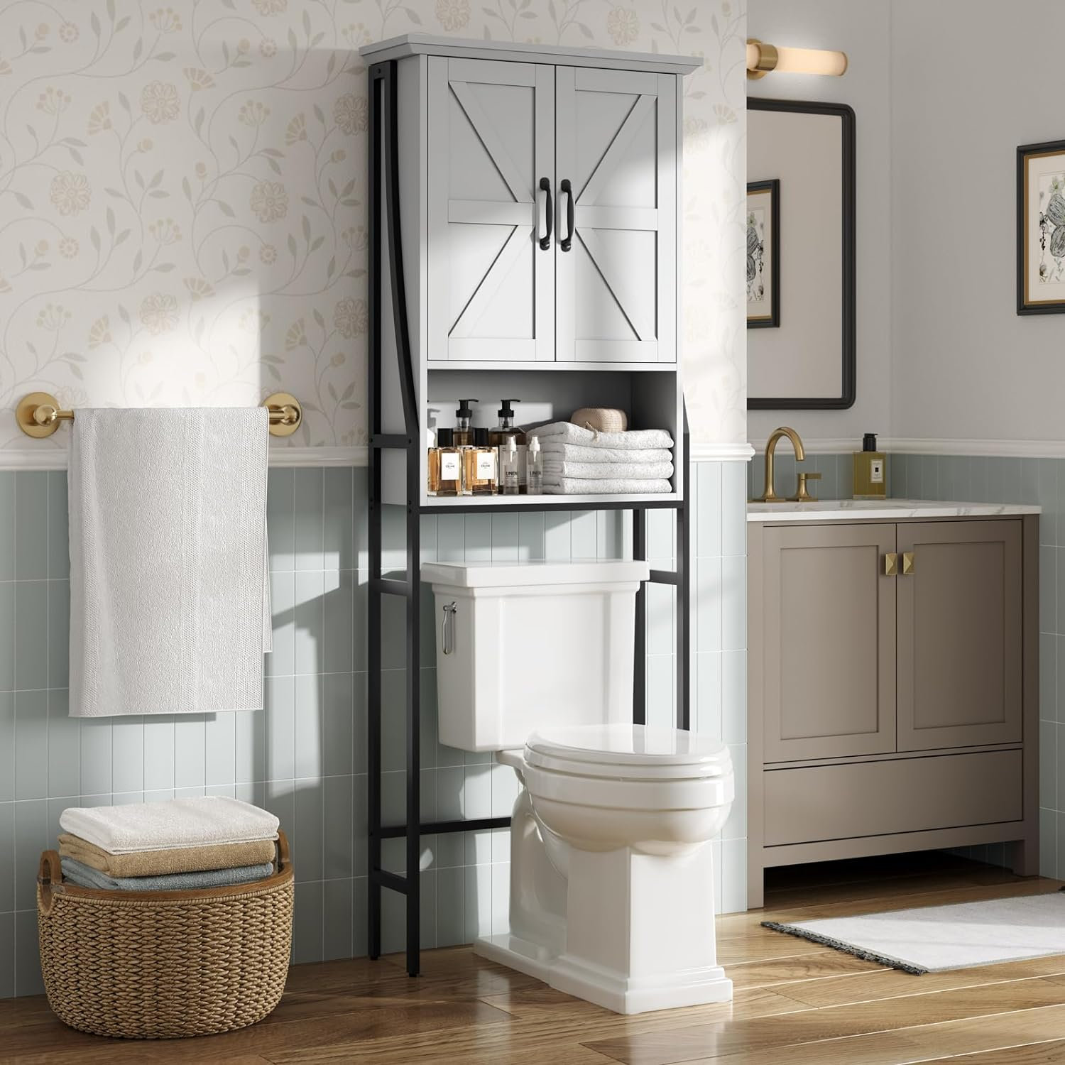 Gracie Oaks Over Toilet Bathroom Organizer With Barn Doors Above Toilet Storage Cabinet ...