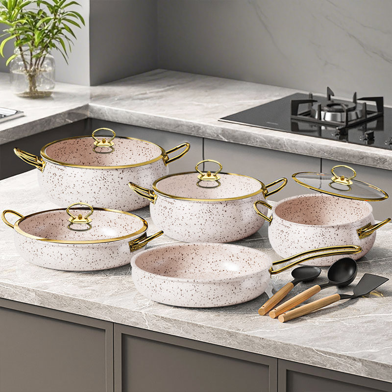 CAANNASWEIS 9 Pieces Aluminum Ninstick Cookware Sets Kitchen Pots and Pans Set, Beige