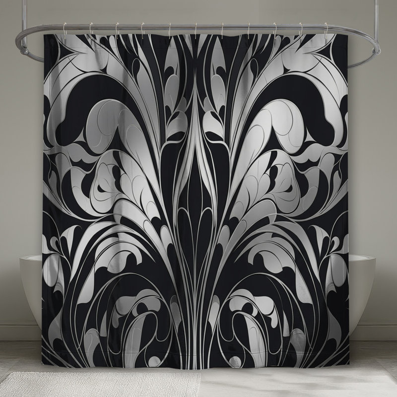 Rideau de douche noir et blanc damassé très long, L 70 po x H 84 po