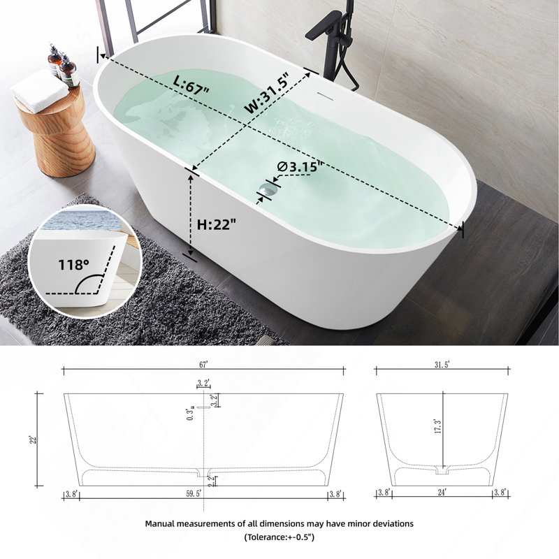67" Premium Solid Surface Deep Soaking Bathtub