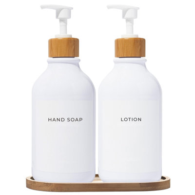 Soap Dispenser Bathroom Set Of 2-16.9 Oz Bathroom Soap Dispenser Set - White Plastic Bottles X 2 With White Bamboo Pumps & Tray