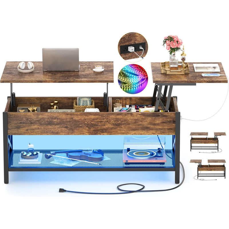 Coffee Table, Lift Top Coffee Table With Storage, LED Light & Power Outlet And Hidden Compartment, Retro Centre Table For Living Room, X Support Wood Tabletop, Metal Frame, Rustic Brown