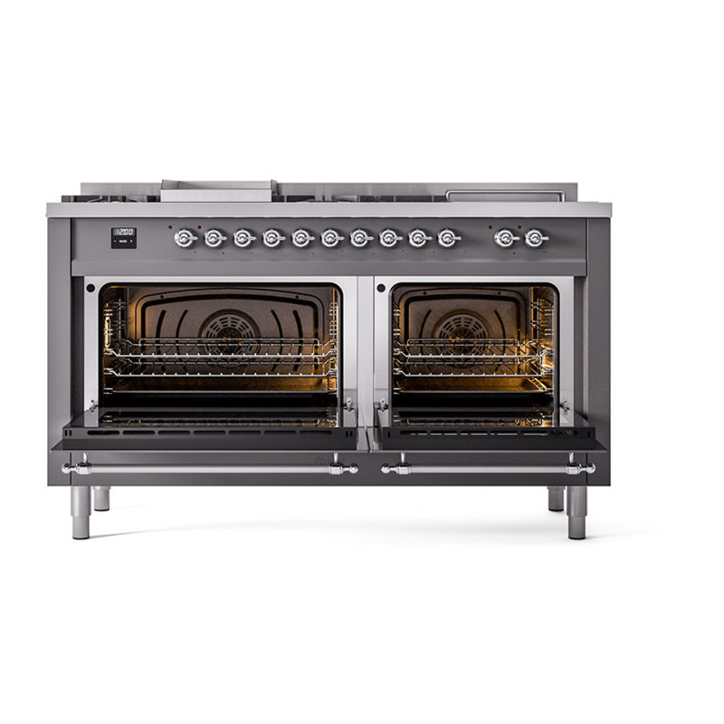 ILVE Nostalgie II Noblesse 60 in Dual Fuel Range 7 Burner, Griddle, Frenchtop, Graphite Matte/Chrome, Natural Gas