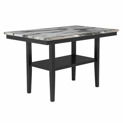 Table de salle à manger de 60 po avec tablette inférieure de rangement, plateau en bois à finition marbre pour la salle à manger de cuisine, noir