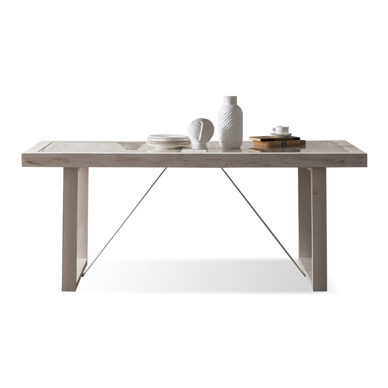 White Rectangular Solid Wood + Iron + Tempered Glass Dining Table