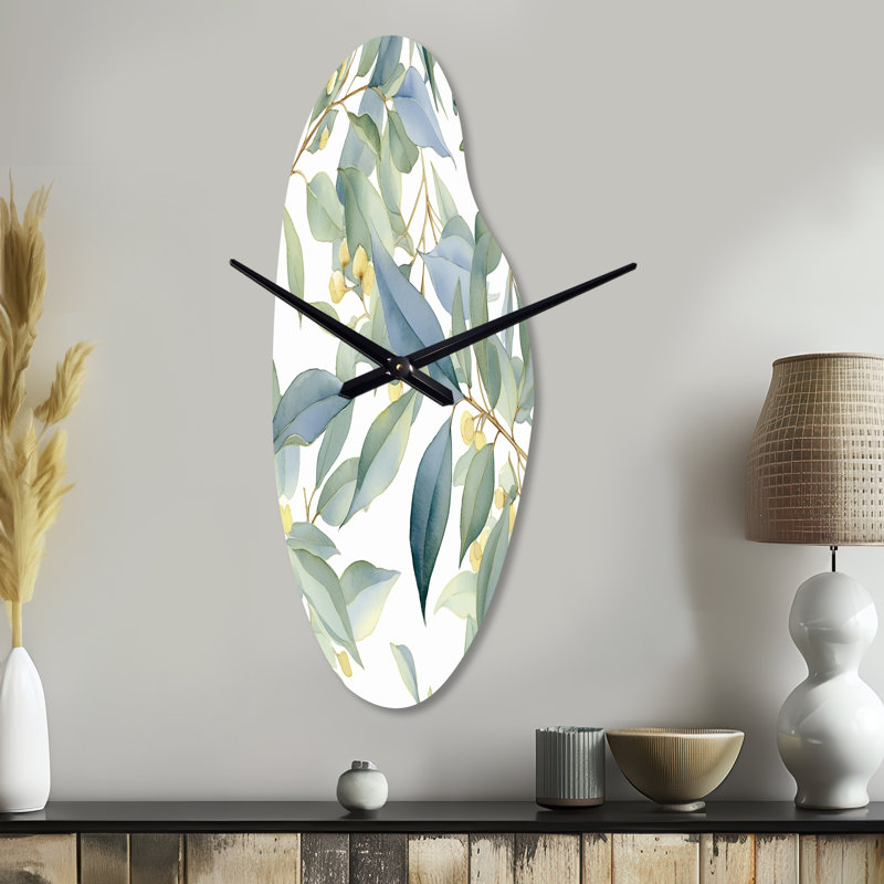 Pulcherie blanc vert minimaliste eucalyptus Essence I - horloge murale courbée florale, Grand