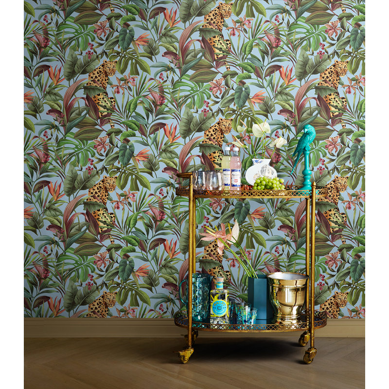 Papier peint adhésif léopard tropical noir brillant Daisy Bennett Designs, Bleu ciel brillant