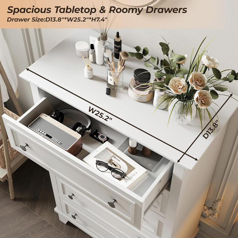 Commode blanche à 5 tiroirs pour la chambre à coucher, commode en bois et commodes à tiroirs profonds, commode de commode moderne avec poignées en métal pour le salon, le couloir, le vestibule