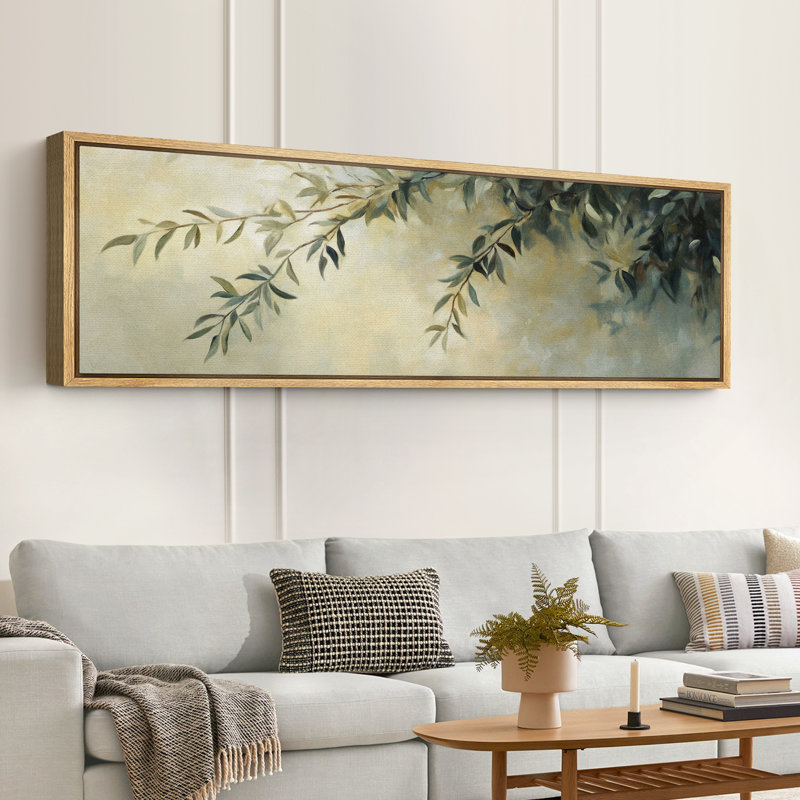 «Hanging Olive Branch Leaves», impression sur toile encadrée pour décor méditerranéen, H 20 po x l 60 po, Naturel
