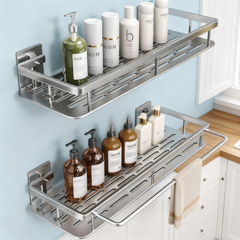 Ensemble de 2 boîtes de rangement adhésives pour salle de bain avec barre à serviettes et crochets, tablette de rangement en aluminium antirouille pour la douche, la cuisine et le garage