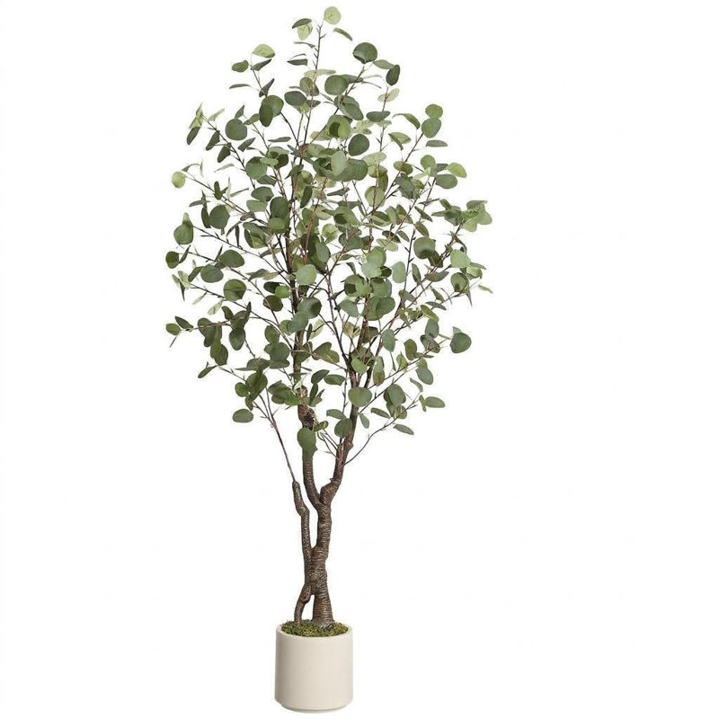 5-7FT Artificial Eucalyptus Tree with LED Lights & White Planter, 60" H x 27.56" W x 27.56" D