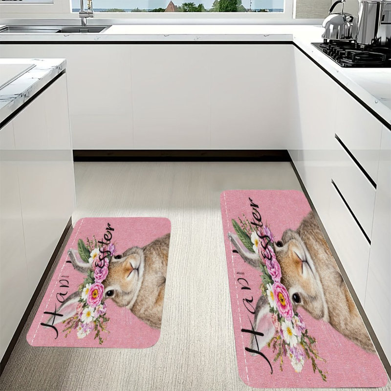 Tapis de cuisine antidérapant à motif floral avec lapin de Pâques, 2 pièces, Lapin de Pâques rose / gris à motif floral