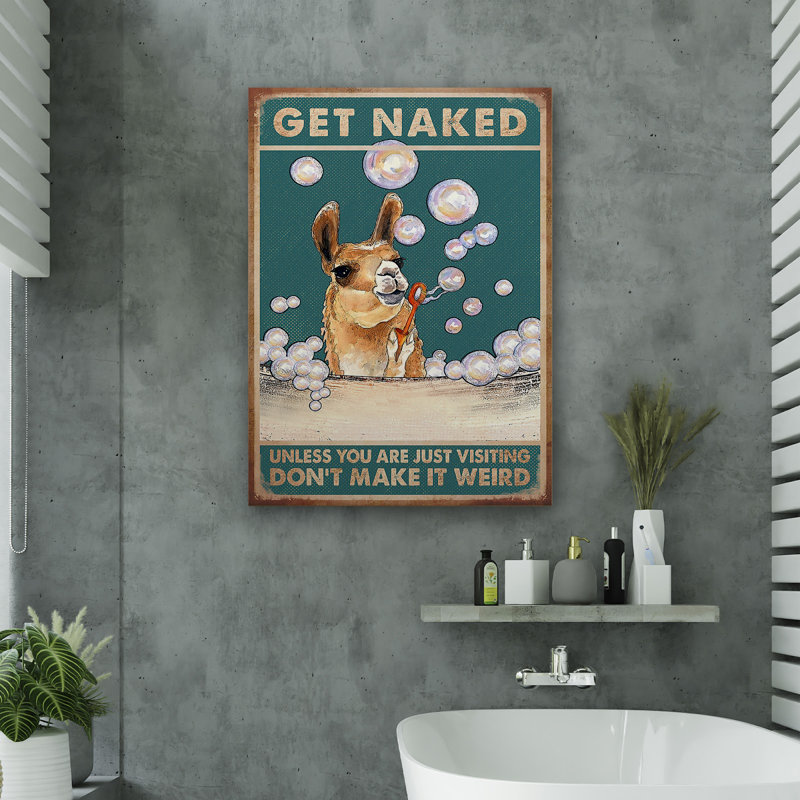 «Llama Blowing Bubbles» - Toile tendue avec une galerie - «Bath and Laundry Animal Illustration Decor», brun et blanc, décor de salle de bain