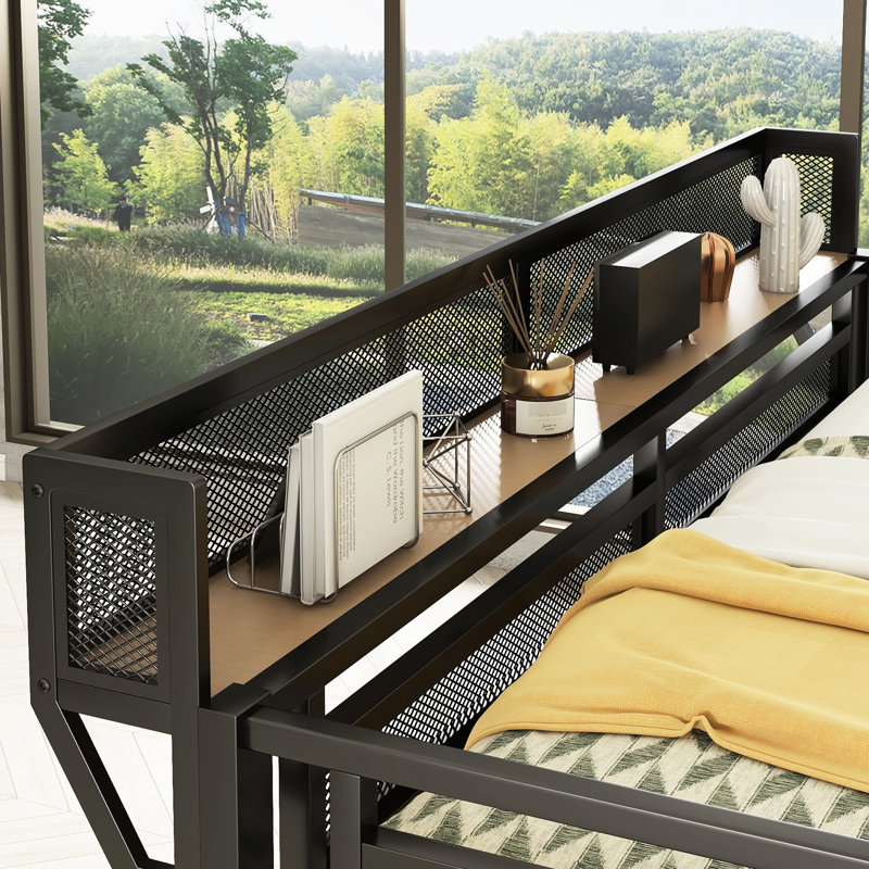 Grand lit mezzanine avec escalier, bureau, station de charge, rangement, métal, 400 lb, noir, lumières de chambre à coucher avec charge en métal et garde-robe, espace d'étude